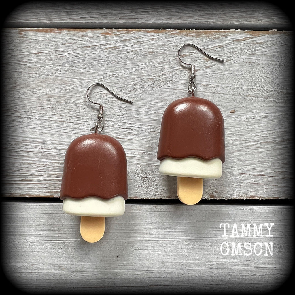 Chocolate ice cream earrings Ice creams Kitsch earrings Soft serve earrings Novelty earrings Party favours Birthday party Pierced ears Stretched lobes Ear gauges Stocking stuffers Cake earrings Chocolate earrings