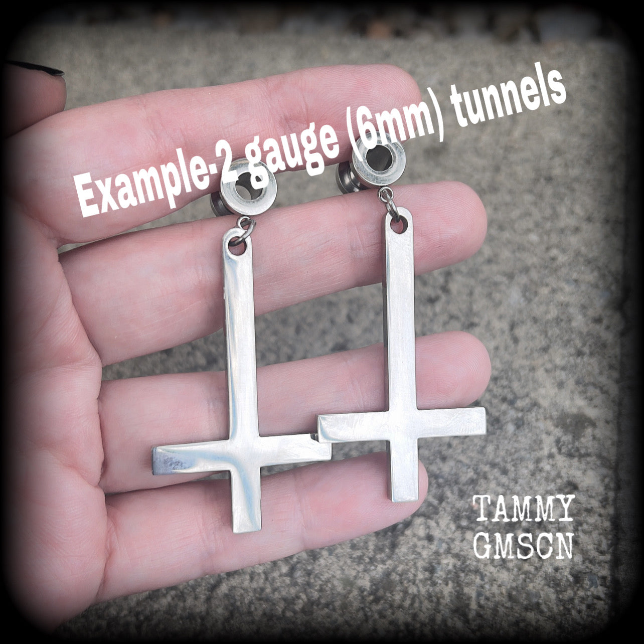 Inverted cross tunnel earrings-Satanic jewelry
