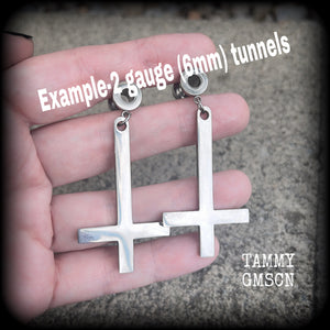 Inverted cross tunnel earrings-Satanic jewelry