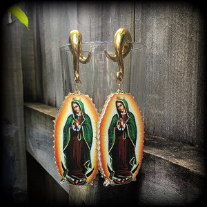 Lady of Guadalupe gauged earrings Lady of Guadalupe jewelry Lady of Guadalupe gauged earrings Sacred heart ear weights 00 gauge ear weights Ear hangers Body jewelry Religious jewelry Catholic jewellery Voodoo jewelry 4mm 6mm 8mm 10mm 12mm 14mm 16mm 19mm 22mm 25mm 28mm 30mm Stretched lobes Ear gauges Saints