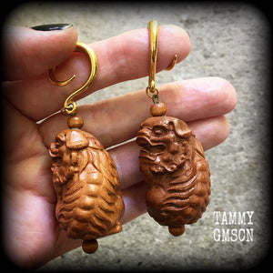 Foo dog gauged earrings-Carved wood ear hangers