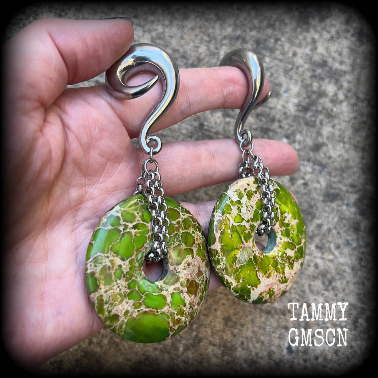 Ocean jasper gauged earrings-Ear hangers