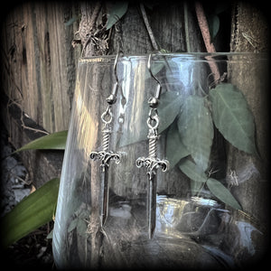These awesome antique silver sword earrings are super light weight, weighing only a few grams each, and measure just under 4cms from tip to tip.
This pair has been made on stainless steel french hooks, suitable for pierced ears.