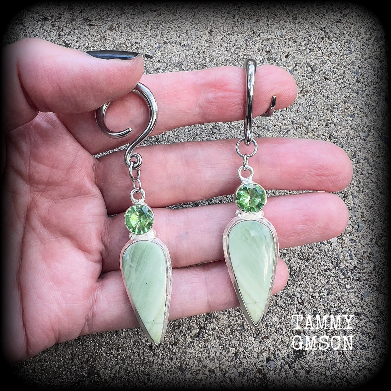 Serpentine and green garnet gauged earrings-Hanging gauges