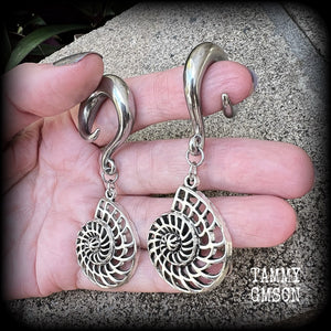 Fibonacci spiral gauged earrings-Nautilus ear hangers