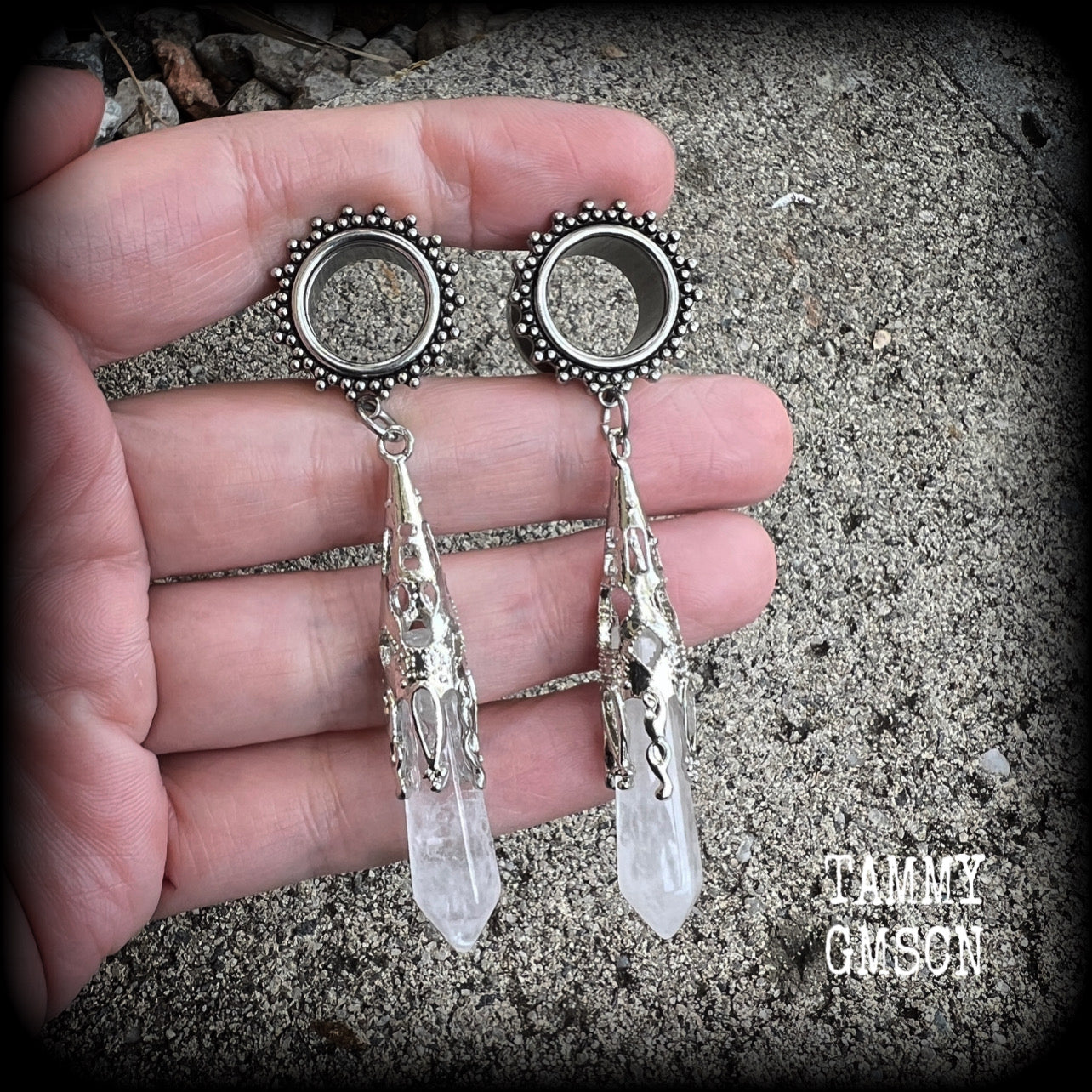 Gemstone body jewelry Clear quartz gauged earrings 9/16" tunnels Gemstone tunnels Gemstone ear weights Gemstone ear hangers Ear gauges 14mm tunnels Tunnel dangles Plugs Stretched ears Body jewelry Stretched lobes Gauged ears 6mm 8mm 10mm 12mm 14mm 16mm 19mm 22mm 25mm