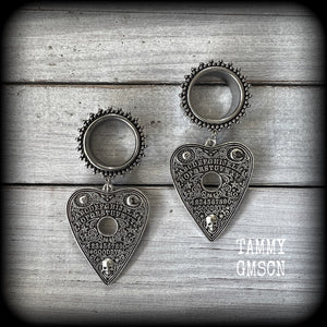 Ouija board jewelry Planchette earrings Spooky tunnel earrings Halloween gauged earrings 3/4" tunnel dangles 19mm tunnel earrings Body jewelry Stretched ears Gauged ears 6mm 8mm 10mm 12mm 14mm 16mm 19mm 22mm 25mm 28mm 30mm ear gauges Plug gauges 