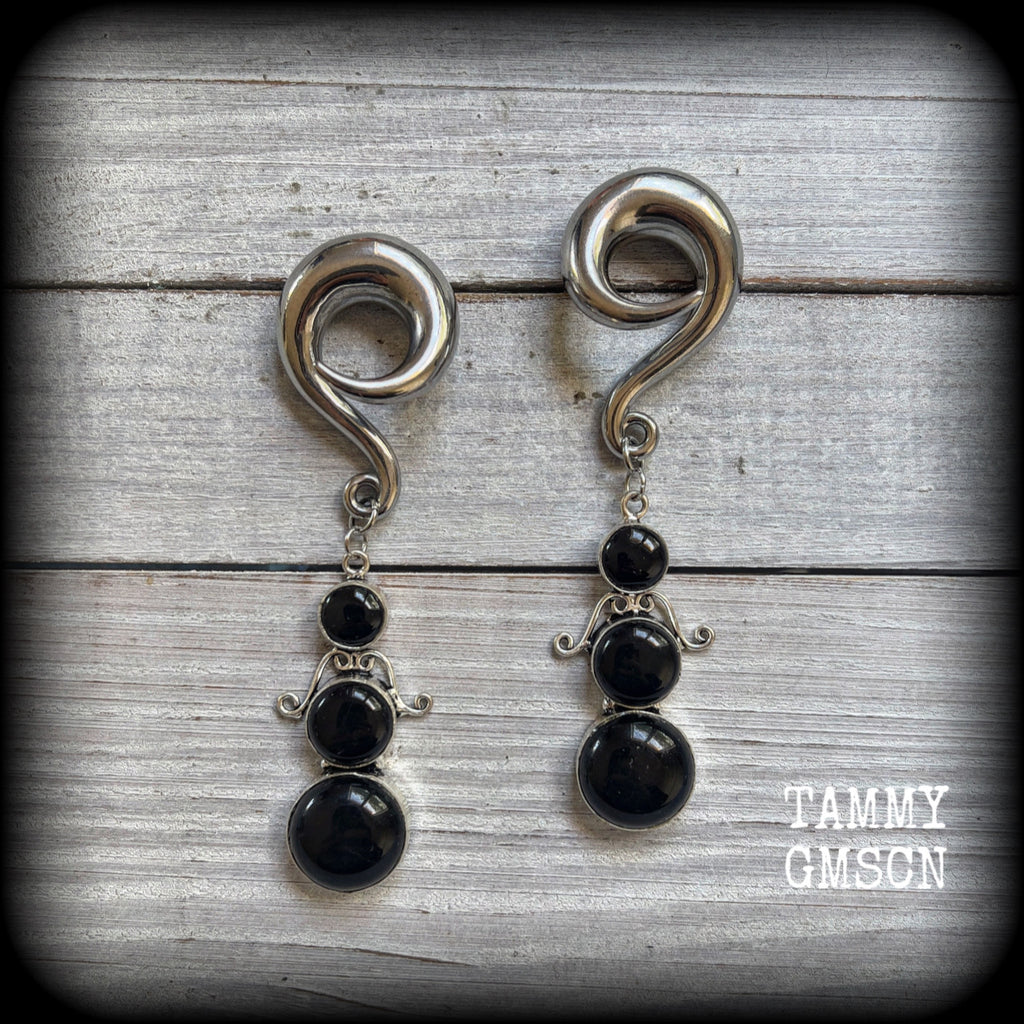 Obsidian ear weights Black obsidian ear hangers Gemstone ear gauges Boho body jewelry Gothic earrings Ear jewellery 00 gauge ear weights 10mm earrings Stretched lobes Stretched ears Pierced ears Gauged earrings