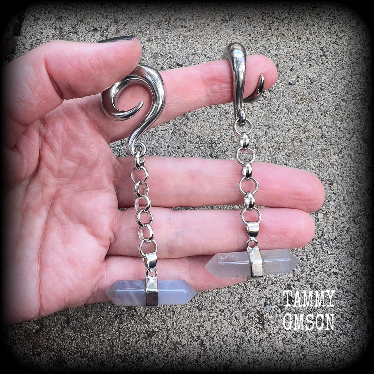 Grey agate gemstone gauged earrings-Gemstone hangers