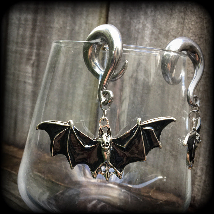 Black bat gauged earrings-Halloween jewelry