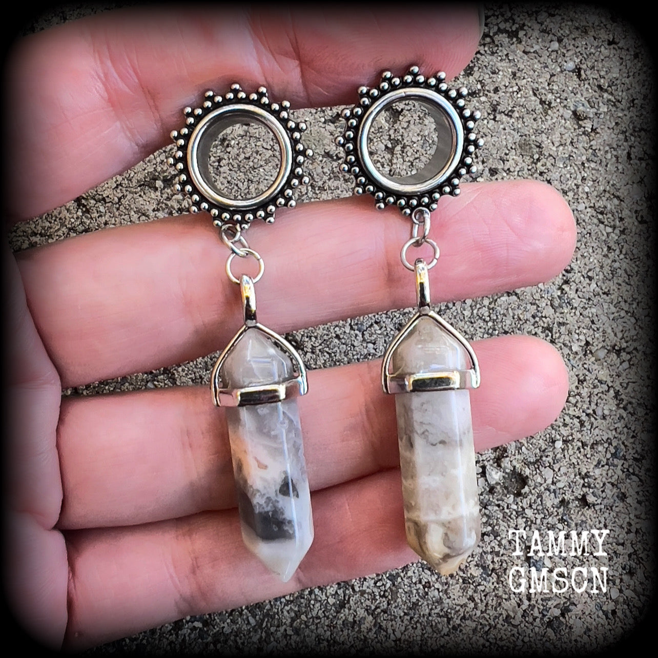 Ornate Lace agate tunnel dangles