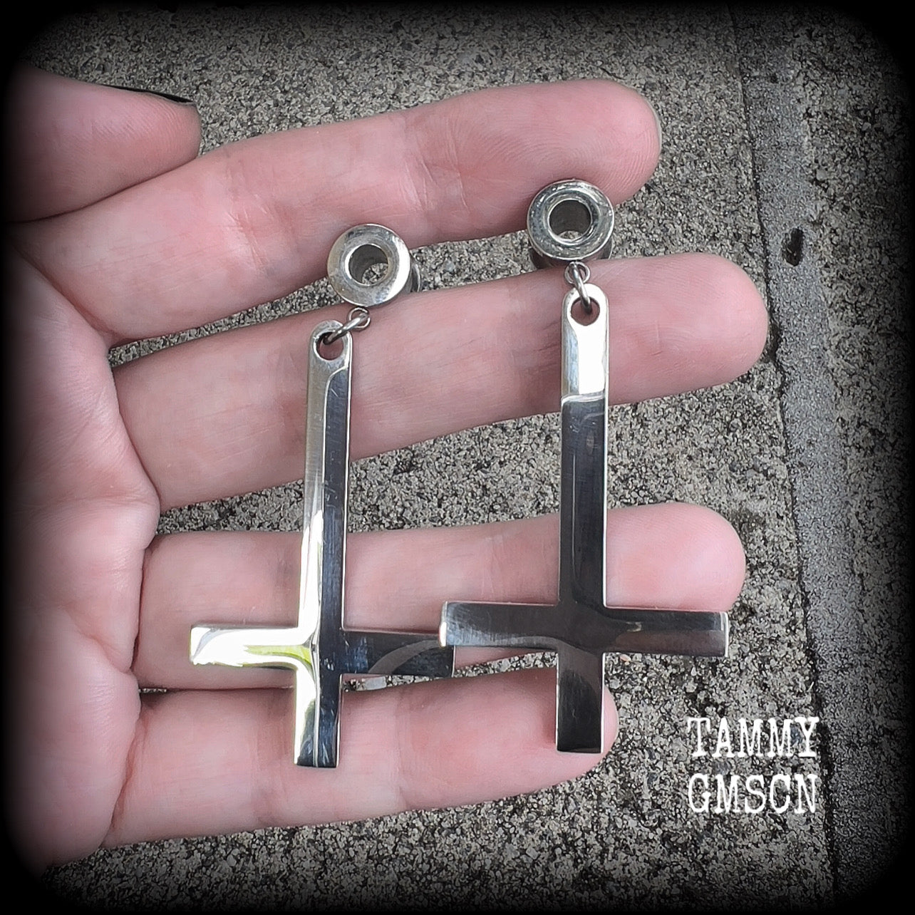 Inverted cross tunnel earrings-Satanic jewelry