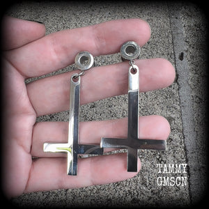 Inverted cross tunnel earrings-Satanic jewelry