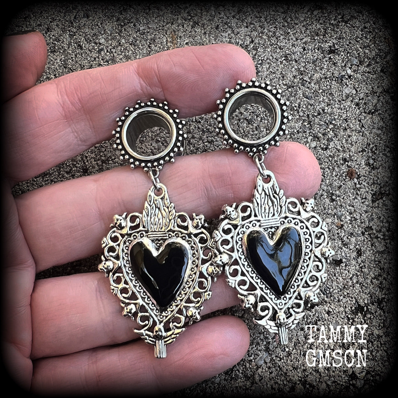 Black sacred heart tunnel earrings with cherbus and filigree details available on a range of different style tunnels from 6mm to 25mm