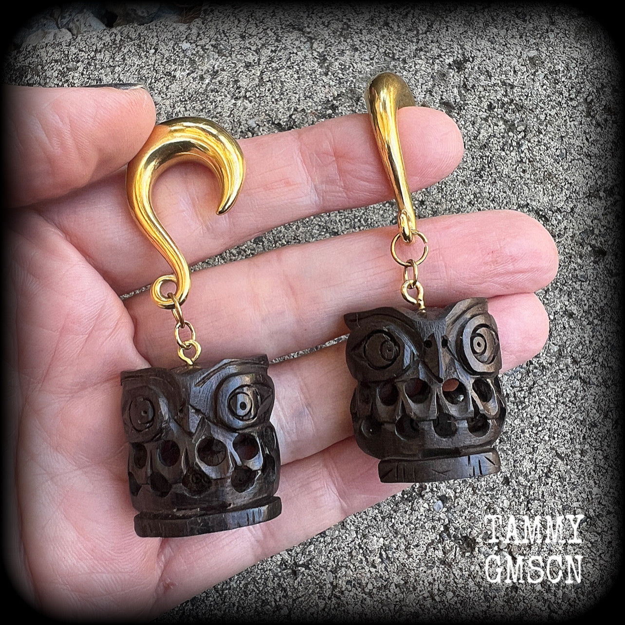 Owl earrings-Gauged earrings-Carved wood earrings