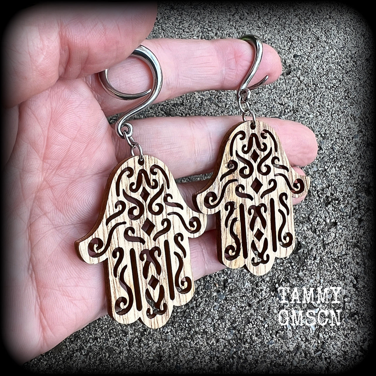 Hamsa hand gauged earrings-Carved wood earrings