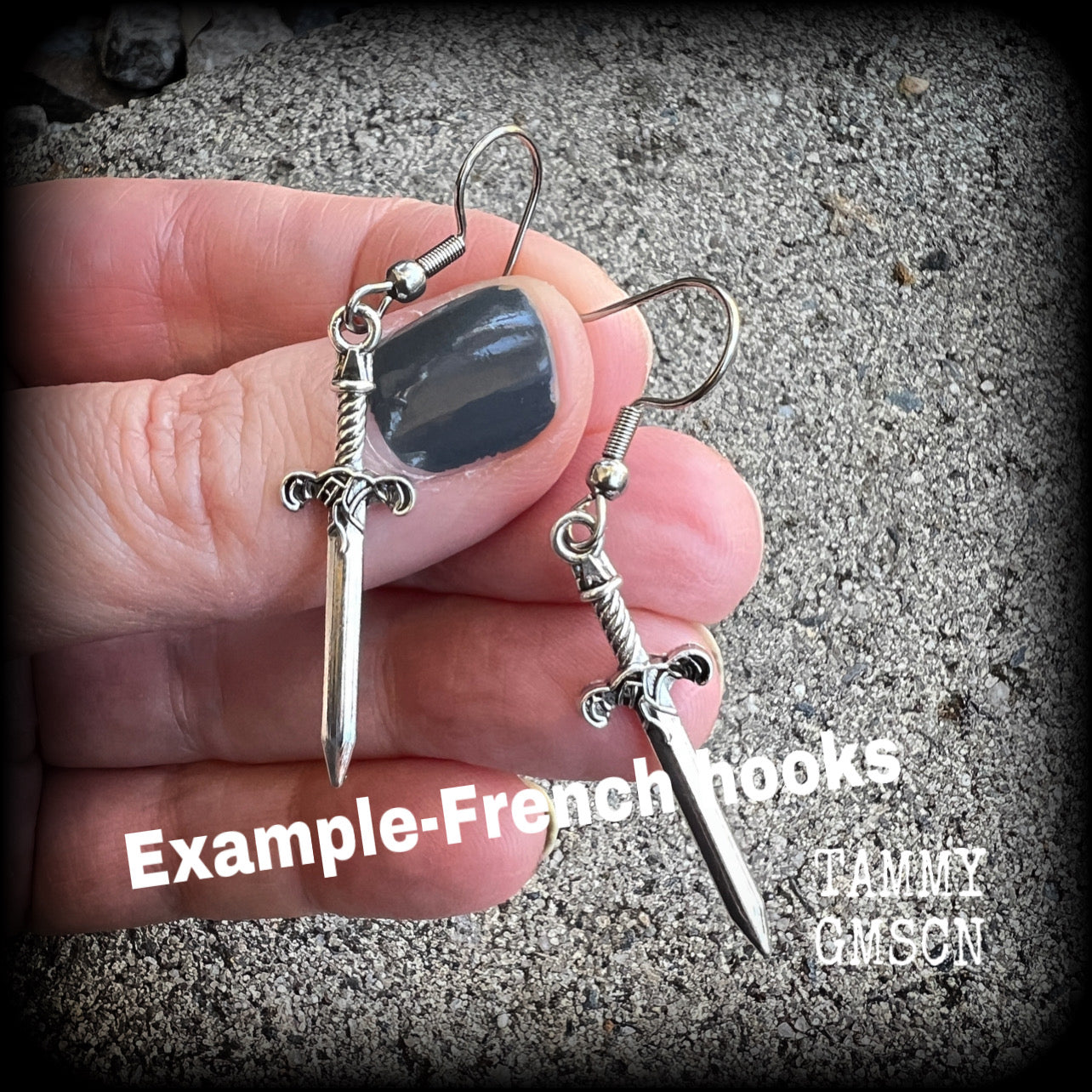 These awesome antique silver sword earrings are super light weight, weighing only a few grams each, and measure just under 4cms from tip to tip.
This pair has been made on stainless steel french hooks, suitable for pierced ears.