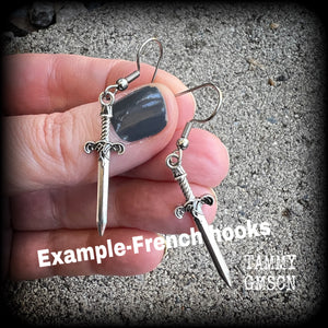 These awesome antique silver sword earrings are super light weight, weighing only a few grams each, and measure just under 4cms from tip to tip.
This pair has been made on stainless steel french hooks, suitable for pierced ears.