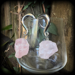 Raw Rose quartz gauged earrings