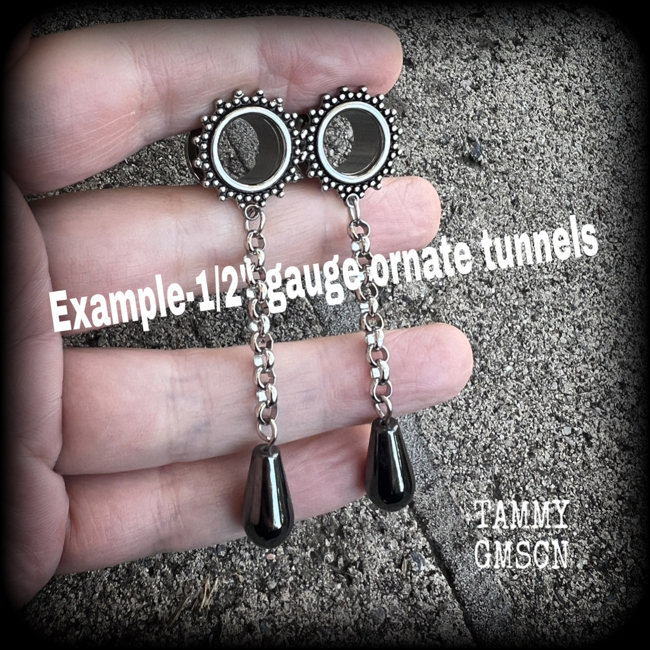 Ornate Hematite teardrop tunnel dangles-Gemstone ear gauges