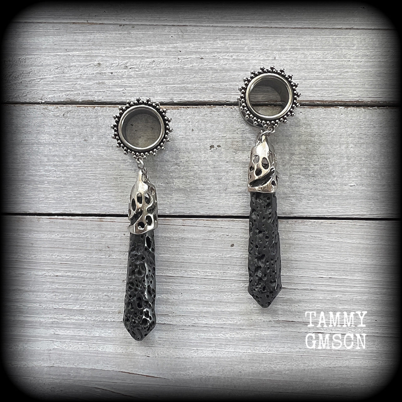 Ornate Volcanic lava rock tunnel earrings