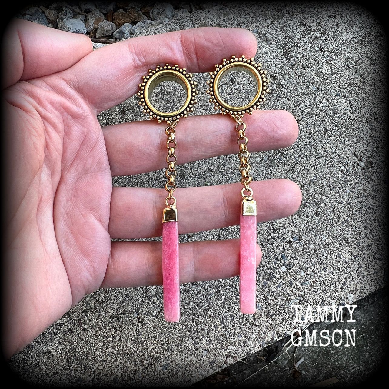 Beautiful cherry quartz slivers hanging from ornate tunnels with antique gold chain, available on a range of hooks and clasps for pierced ears.