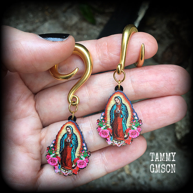 Lady of Guadalupe gauged earrings Sacred heart ear weights 2 gauge ear weights Ear hangers Body jewelry Religious jewelry Catholic jewellery Voodoo jewelry 4mm 6mm 8mm 10mm 12mm 14mm 16mm 19mm 22mm 25mm 28mm 30mm Stretched lobes Ear gauges Saints