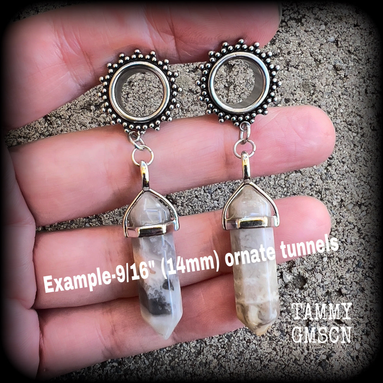 Ornate Lace agate tunnel dangles