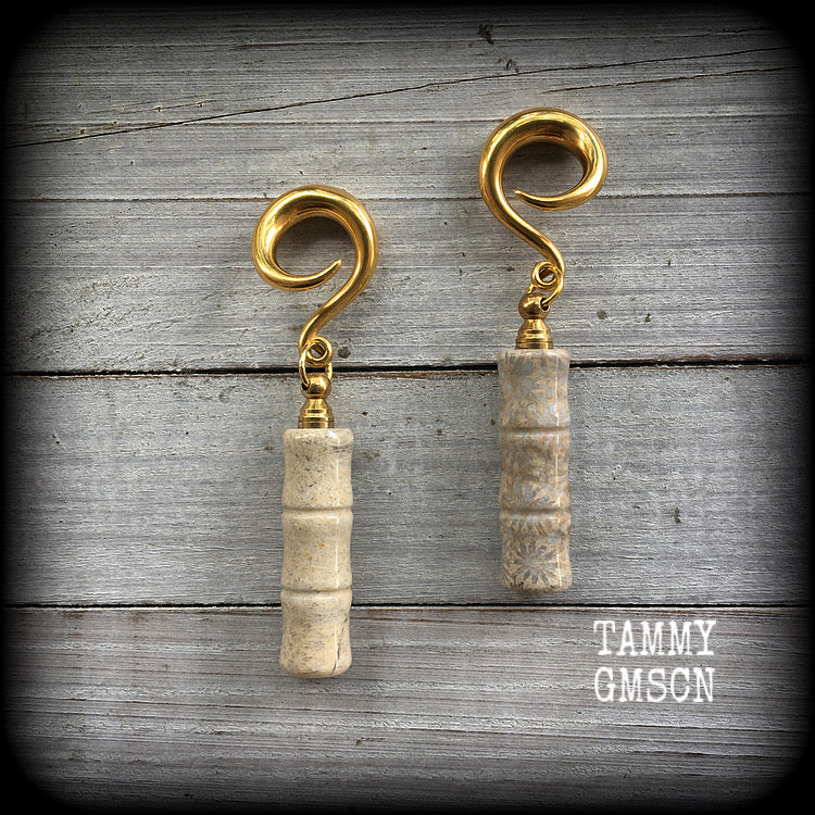 These beautiful fossilized coral gauged earrings are gorgeous!
Shaped like bamboo stalks, these earrings are nice and dangly, measuring 8cms from tip to tip, and weighing approx 17 grams each.

This pair has been made on 2 gauge (6mm) surgical steel full curl hooks, to be worn in stretched lobes.