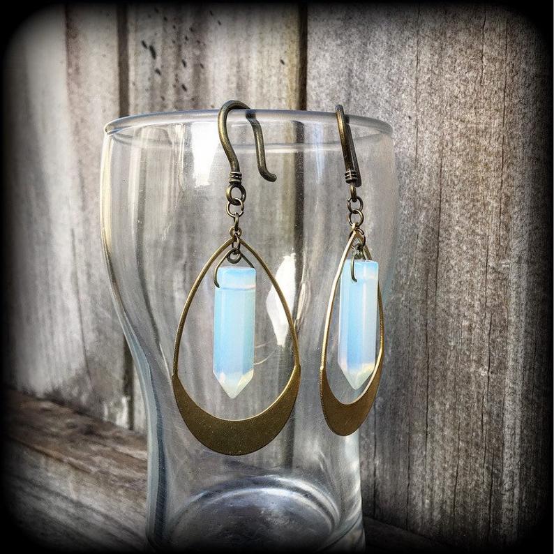 Opalite and brass earrings-Gemstone ear hangers