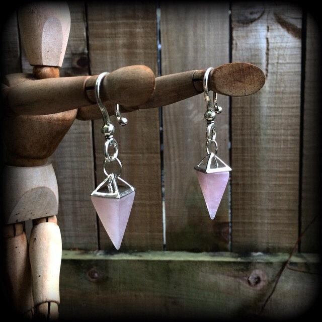 Rose quartz earrings Gemstone ear weights Crystal ear hangers 2 gauge body jewelry Stretched ears Stretched lobes Body jewelry 
