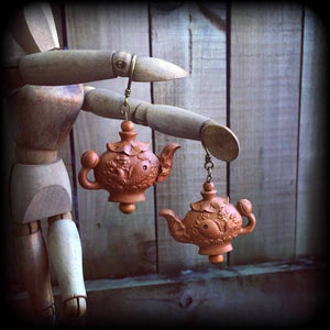 Teapot earrings-Carved wood earrings