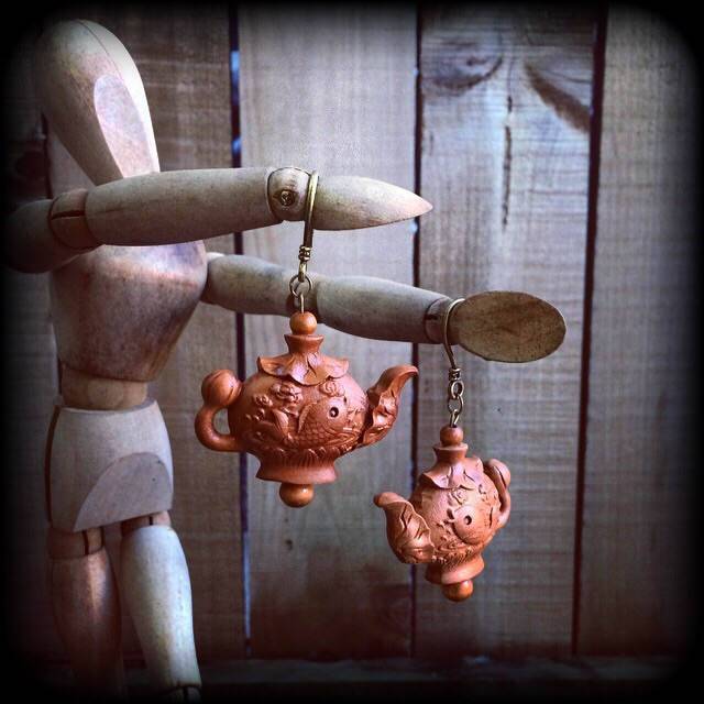 Teapot earrings-Carved wood earrings