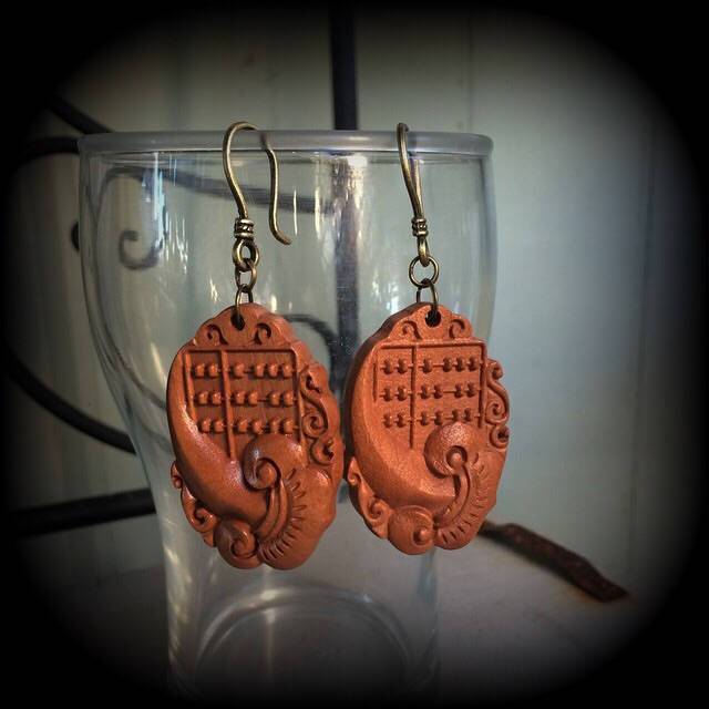 Carved Wood earrings-Lotus and abacus ear hangers