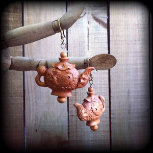 Teapot earrings-Carved wood earrings