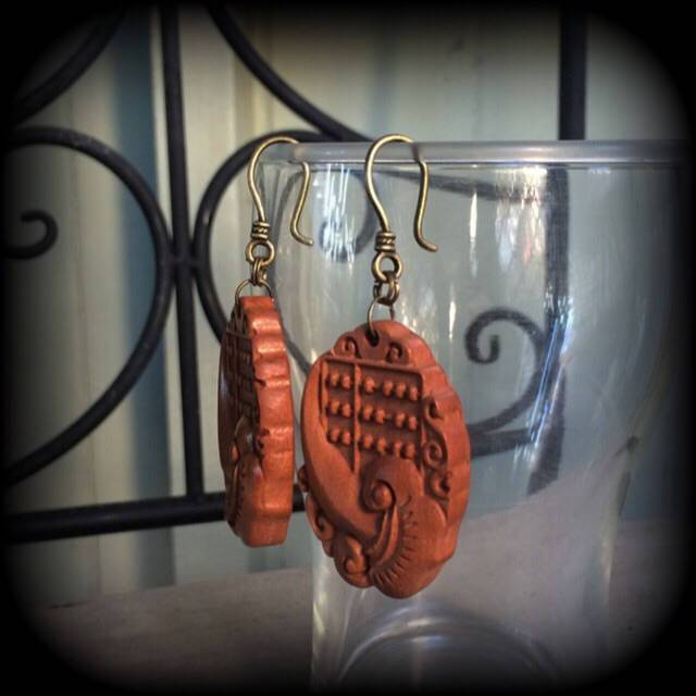 Carved Wood earrings-Lotus and abacus ear hangers