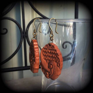 Carved Wood earrings-Lotus and abacus ear hangers