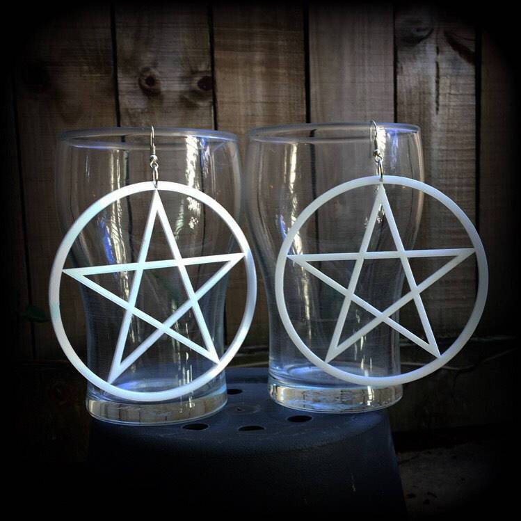 White goth oversized pentagram earrings