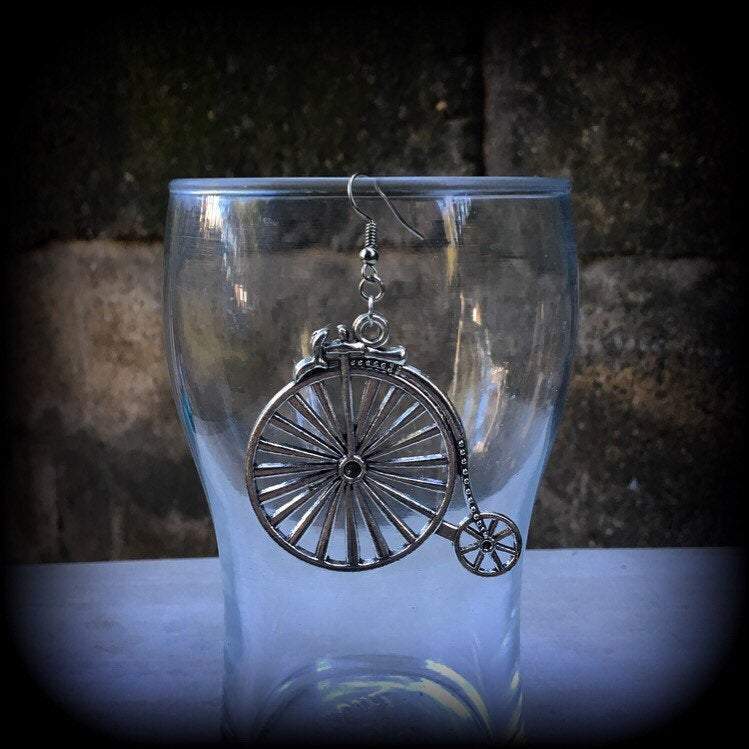 Penny Farthing earrings Boneshaker Kitsch earrings Bicycle earrings Steampunk jewelry Quirky earrings Quirky jewelry Steampunk earrings Victorian era jewelry Retro earrings Dreadpunk jewelry Curiosities Antiques Pierced ears Stocking stuffers