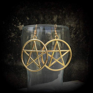 These are beautiful earrings feature large champagne gold pentagrams ,light weight (weighing only a few grams each) and nice and dangly, measuring just on 8cms from tip to tip.

This pair has been made on antique gold french hooks, suitable for pierced ears.