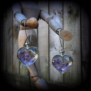 Amethyst earrings Amethyst jewelry Amethyst jewellery Unique earrings Unique ear jewelry Heart earrings Gemstone earrings Gemstone heart earrings Ear gauges True love Valentine Valentines day Valentines gifts Heart jewelry Crystal earrings Whimsygoth