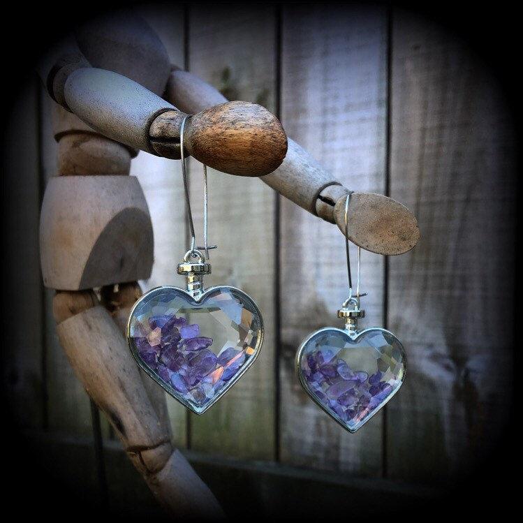 Amethyst earrings Amethyst jewelry Amethyst jewellery Unique earrings Unique ear jewelry Heart earrings Gemstone earrings Gemstone heart earrings Ear gauges True love Valentine Valentines day Valentines gifts Heart jewelry Crystal earrings Whimsygoth