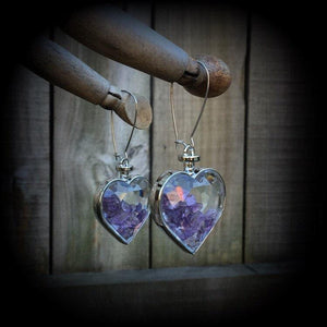 Amethyst earrings Amethyst jewelry Amethyst jewellery Unique earrings Unique ear jewelry Heart earrings Gemstone earrings Gemstone heart earrings Ear gauges True love Valentine Valentines day Valentines gifts Heart jewelry Crystal earrings Whimsygoth