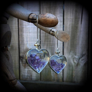 Amethyst earrings Amethyst jewelry Amethyst jewellery Unique earrings Unique ear jewelry Heart earrings Gemstone earrings Gemstone heart earrings Ear gauges True love Valentine Valentines day Valentines gifts Heart jewelry Crystal earrings Whimsygoth