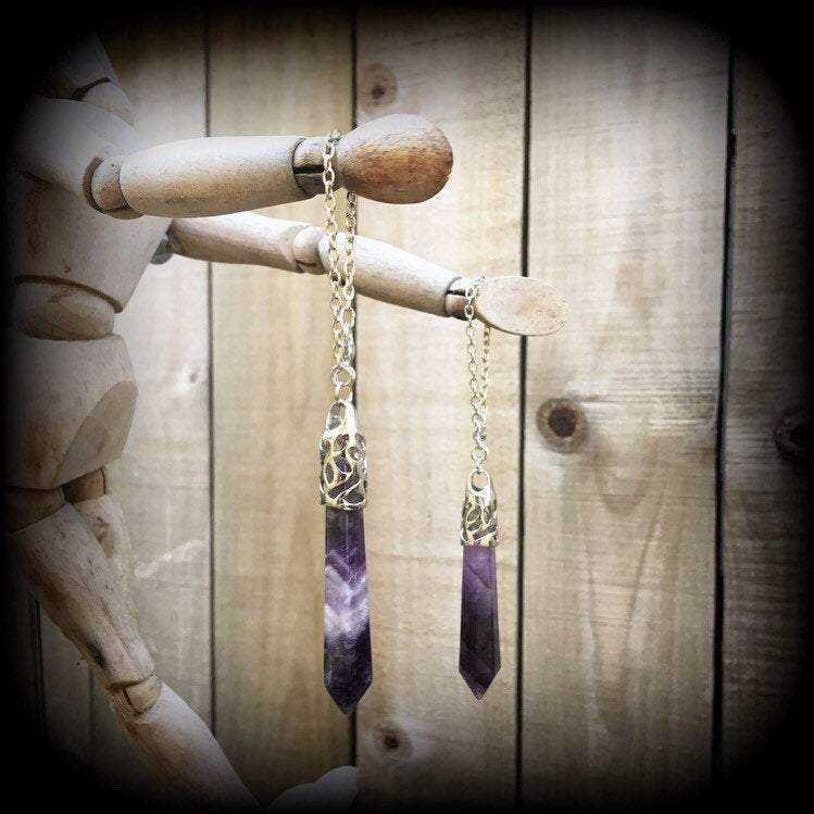 Amethyst earrings-Gemstone tunnel dangles