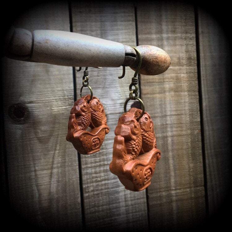 Koi fish earrings-Carved wood earrings