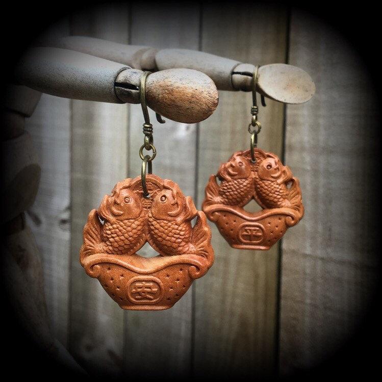 Koi fish earrings-Carved wood earrings