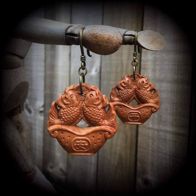 Koi fish earrings-Carved wood earrings