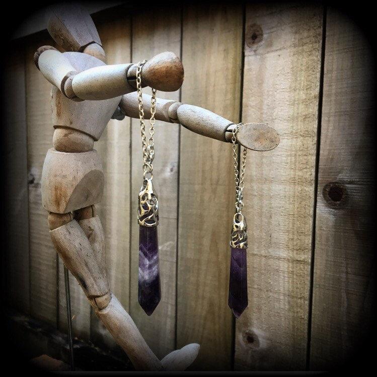 Amethyst earrings-Gemstone tunnel dangles