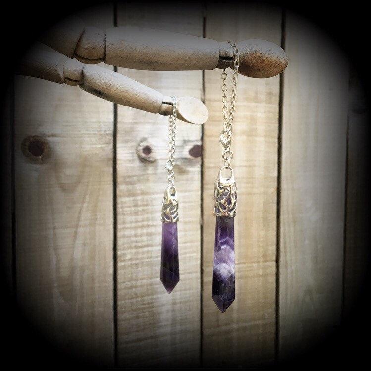 Amethyst earrings-Gemstone tunnel dangles